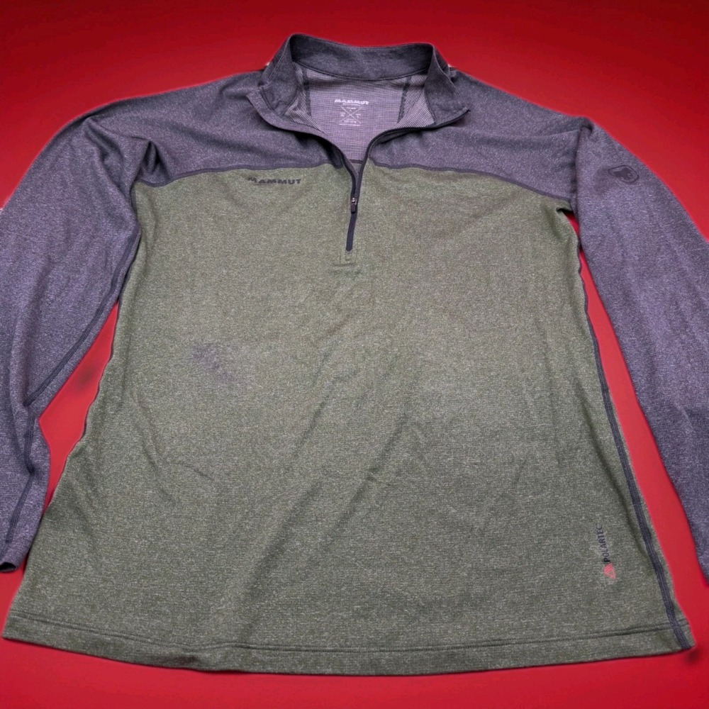 Mammut Mens Large Green Gray Polartec Quarter Zip Wool Blend Hiking Long Sleeve
